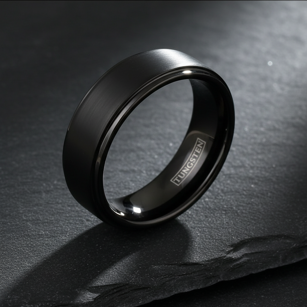 Obsidian Line Tungsten Ring – Brushed Black Band with Stepped Edges
