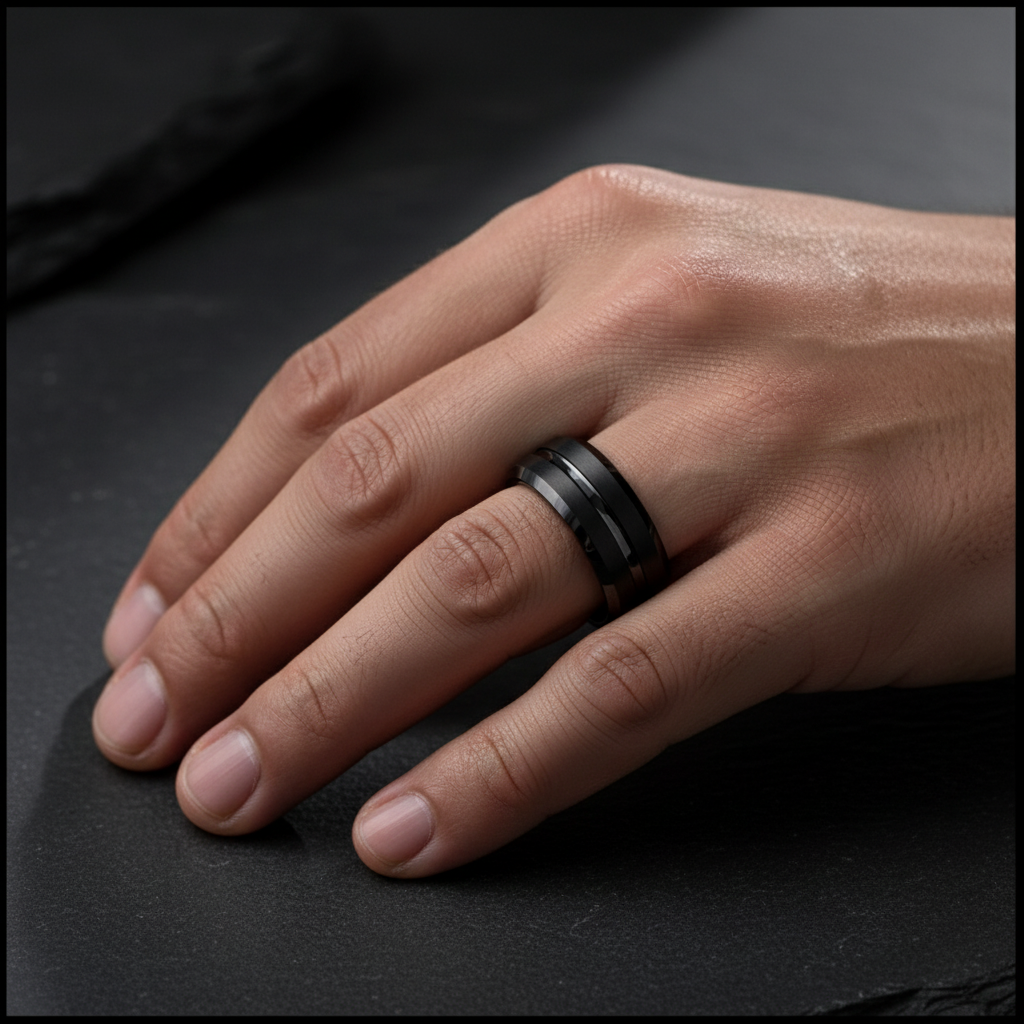 Onyx Line Tungsten Ring – Brushed Black Band with Polished Channel