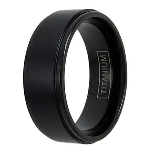 Onyx Line Titanium Ring – Brushed Black Band with Stepped Edges