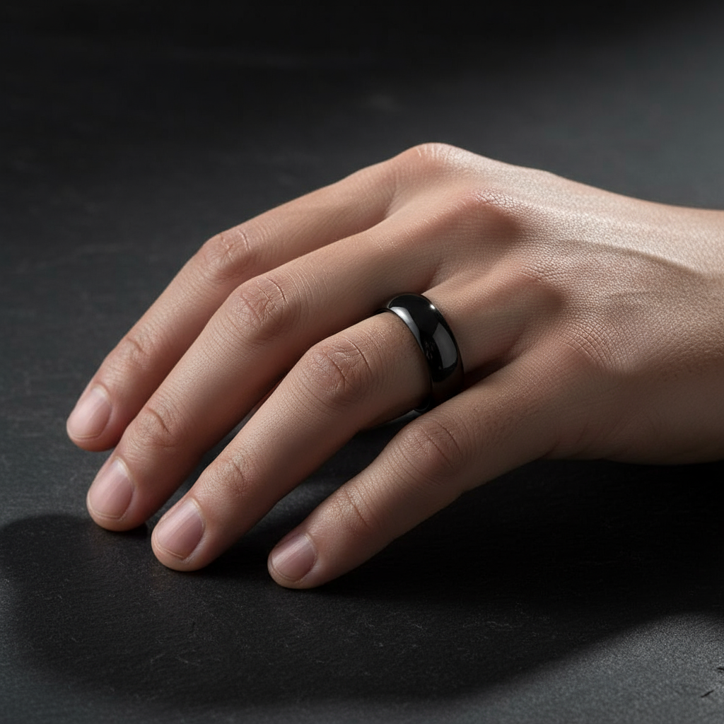 Obsidian Line Titanium Ring – Polished Black Domed Band