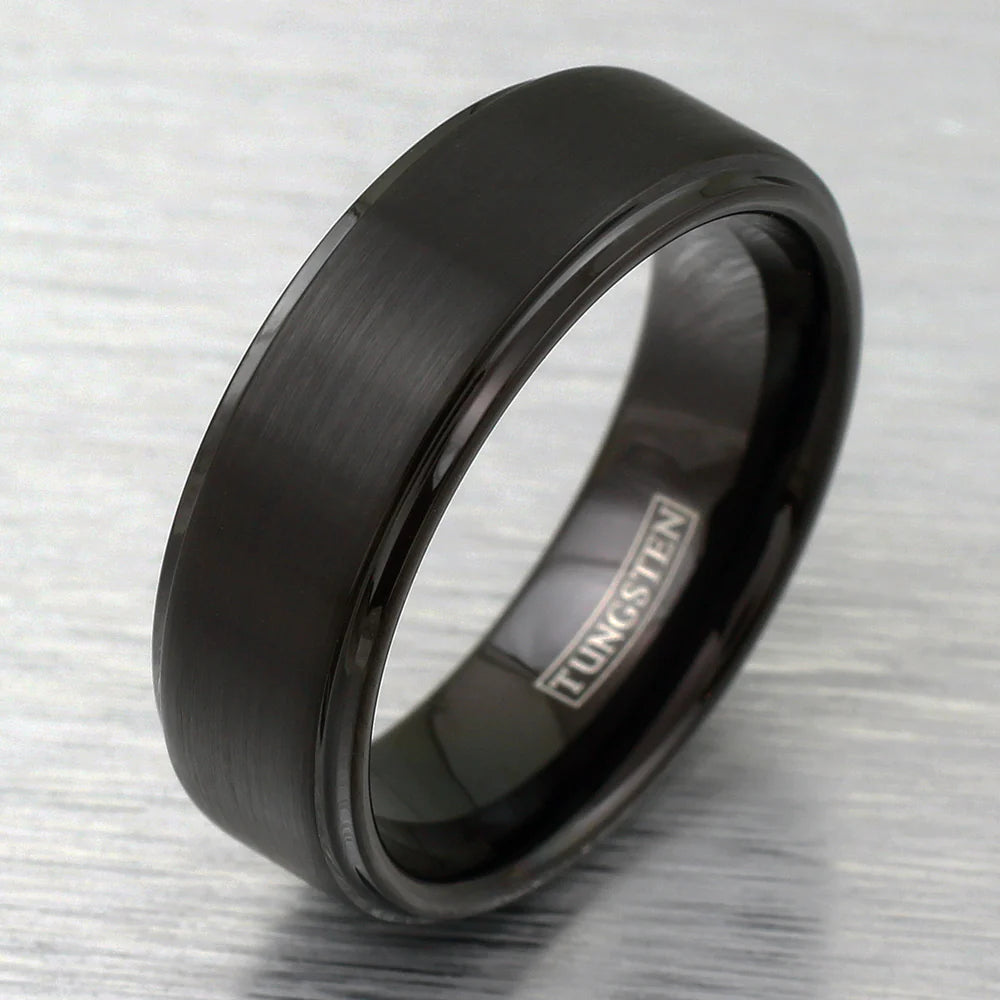 Obsidian Line Tungsten Ring – Brushed Black Band with Stepped Edges