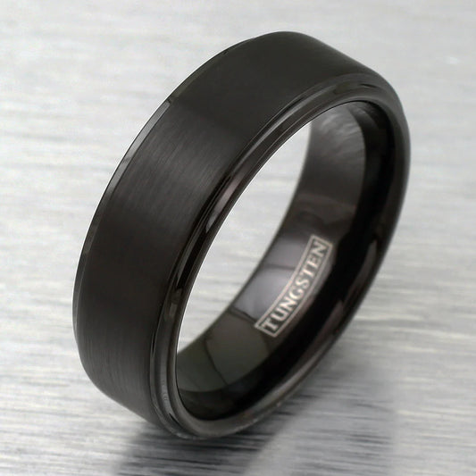 Obsidian Line Tungsten Ring – Brushed Black Band with Stepped Edges