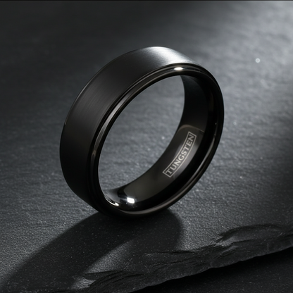 Obsidian Line Tungsten Ring – Brushed Black Band with Stepped Edges