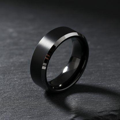 Eclipse Line Tungsten Ring – Brushed Black Center with Polished Silver Edges