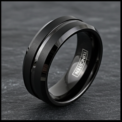 Onyx Line Tungsten Ring – Brushed Black Band with Polished Channel