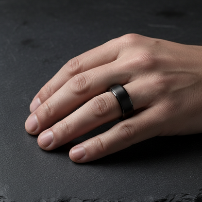 Obsidian Line Tungsten Ring – Brushed Black Band with Stepped Edges