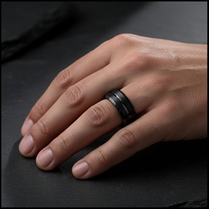 Onyx Line Tungsten Ring – Brushed Black Band with Polished Channel
