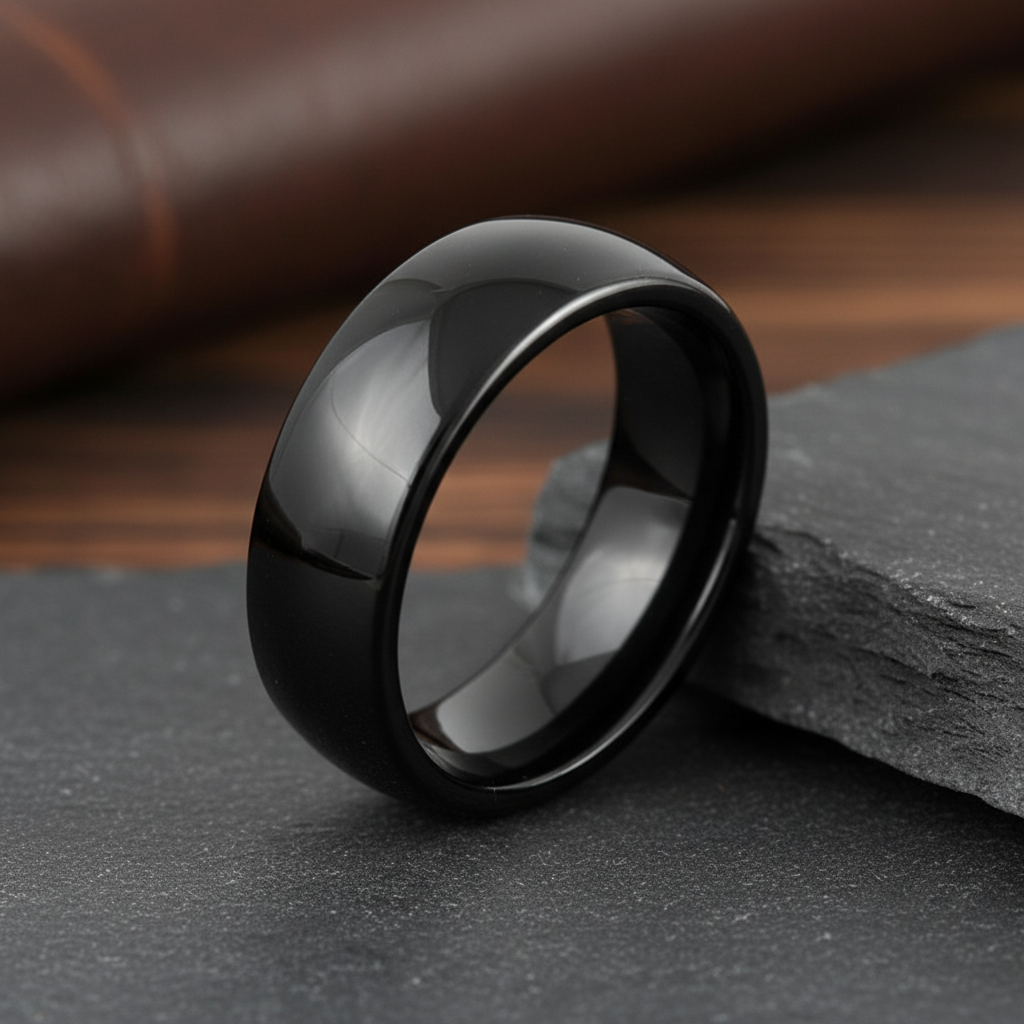Obsidian Line Tungsten Ring – Classic Domed Black Finish