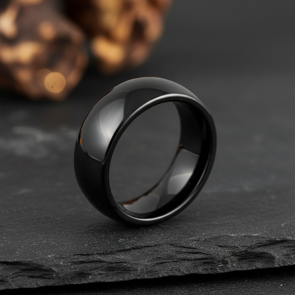 Obsidian Line Tungsten Ring – Classic Domed Black Finish