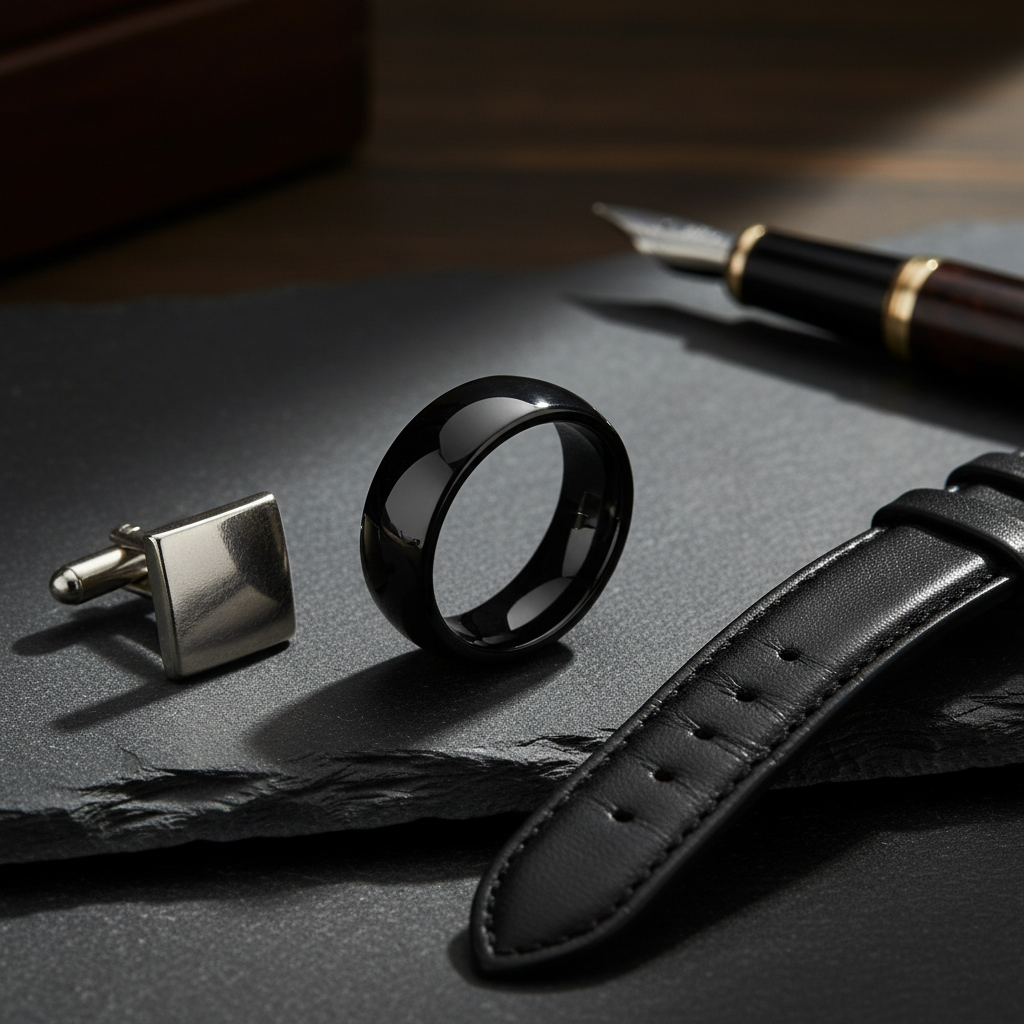 Obsidian Line Tungsten Ring – Classic Domed Black Finish