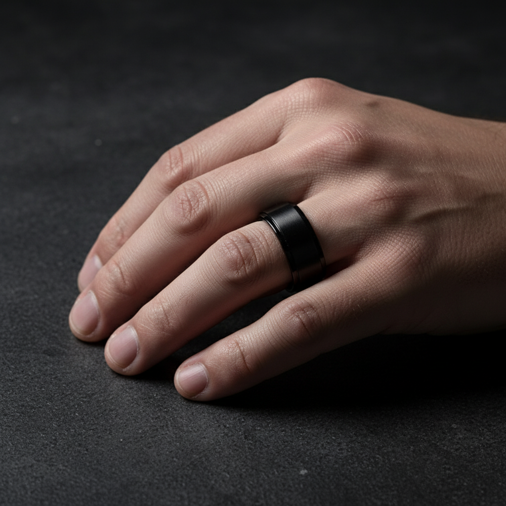 Onyx Line Titanium Ring – Brushed Black Band with Stepped Edges