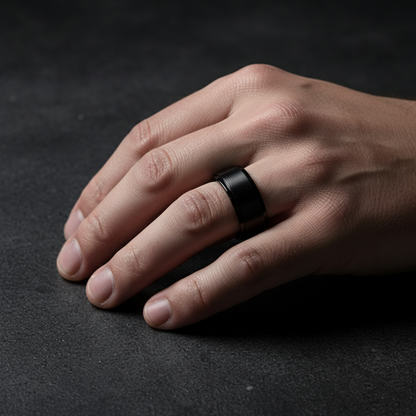 Onyx Line Titanium Ring – Brushed Black Band with Stepped Edges