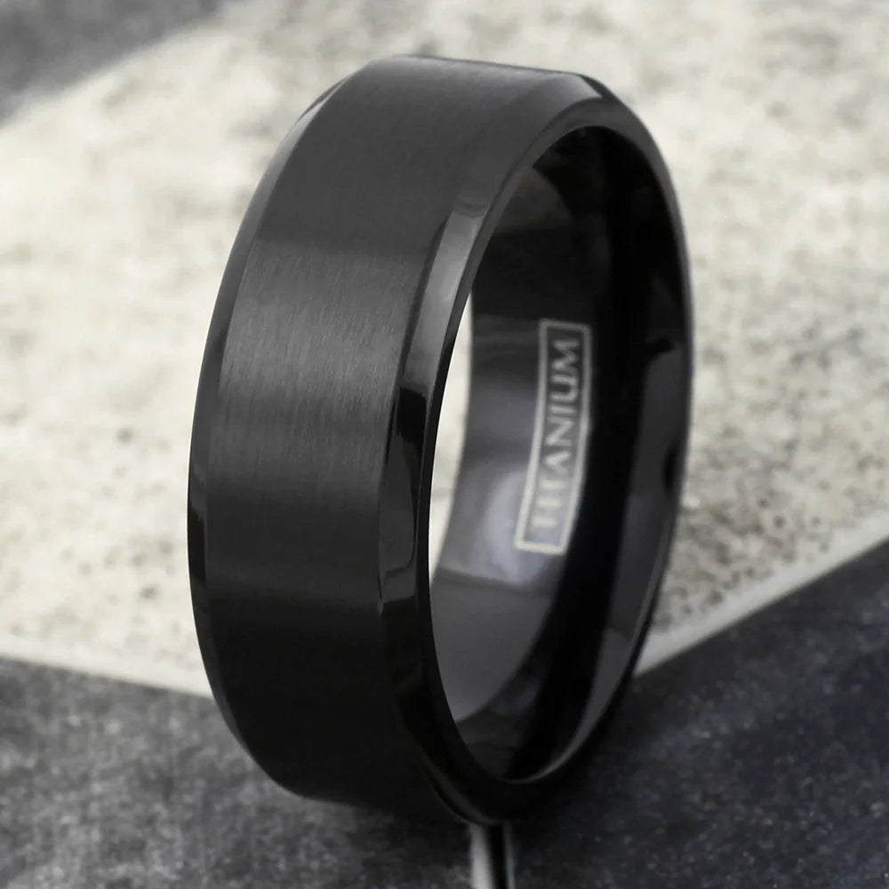 Onyx Line Titanium Ring – Brushed Black Satin with Polished Beveled Edges