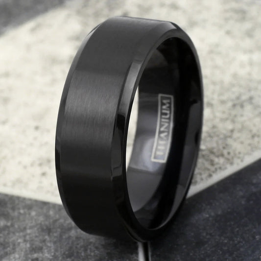 Onyx Line Titanium Ring – Brushed Black Satin with Polished Beveled Edges
