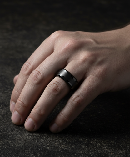 Obsidian Line Tungsten Ring – Brushed Gunmetal with Polished Beveled Edges