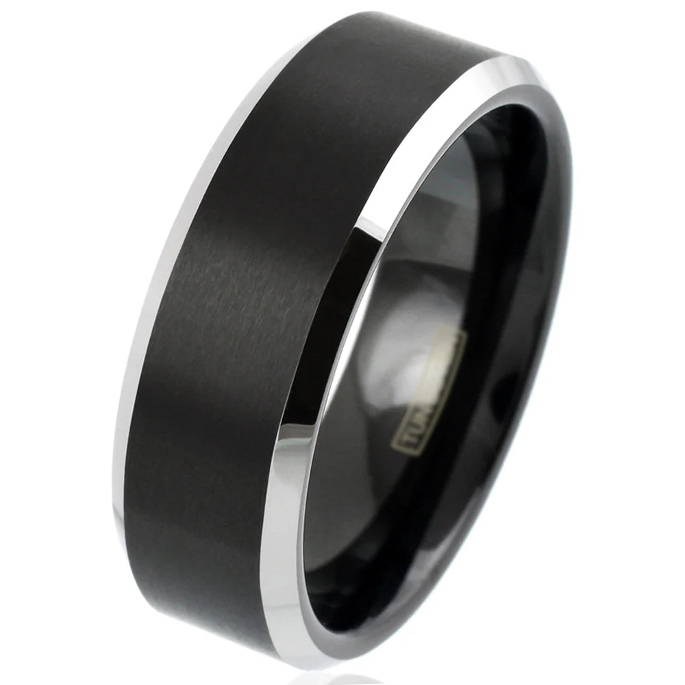 Eclipse Line Tungsten Ring – Brushed Black Center with Polished Silver Edges