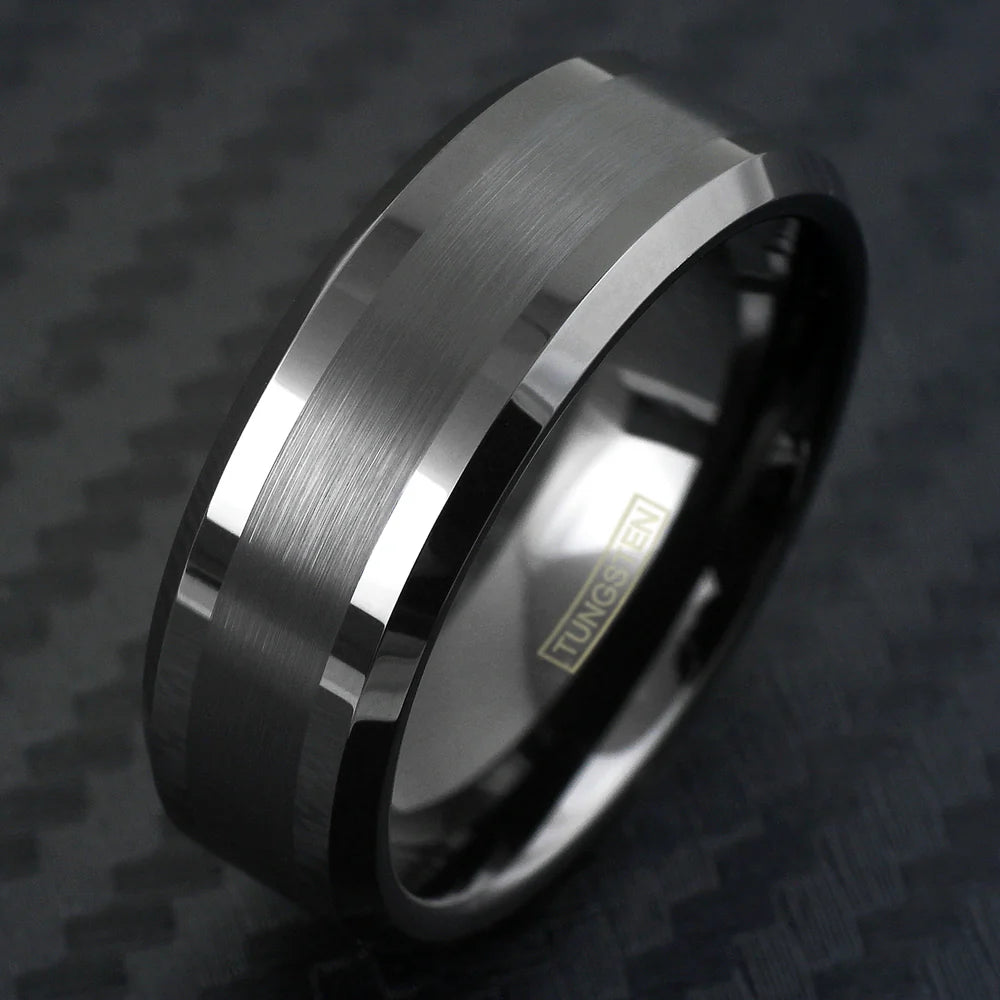 Obsidian Line Tungsten Ring – Brushed Gunmetal with Polished Beveled Edges
