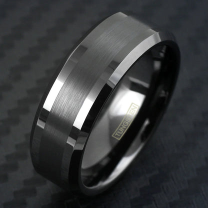 Obsidian Line Tungsten Ring – Brushed Gunmetal with Polished Beveled Edges