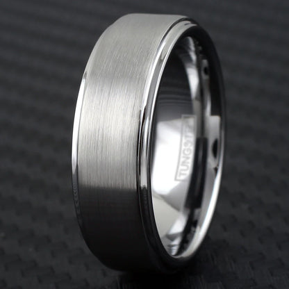 Argent Line Tungsten Ring – Brushed Satin Finish with Stepped Edges