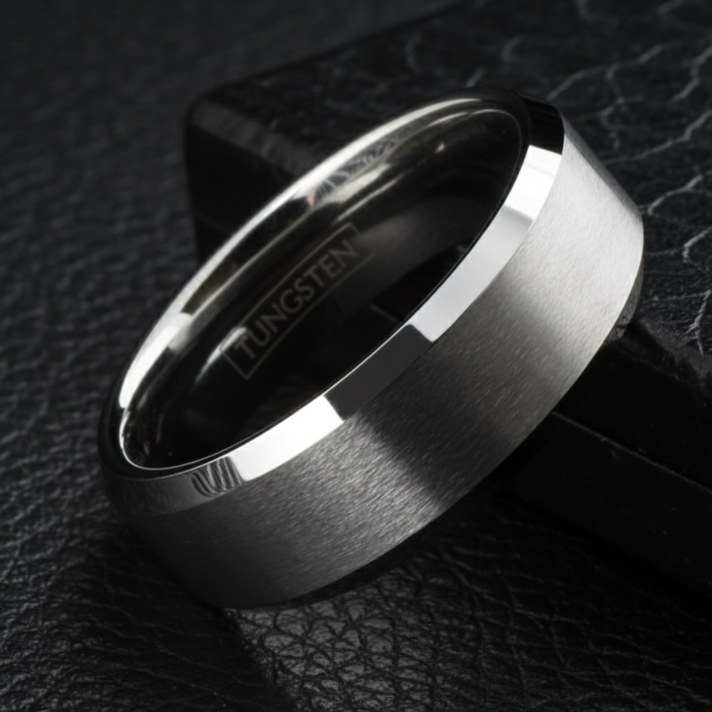 Argent Line Tungsten Ring – Brushed Silver with Polished Beveled Edges