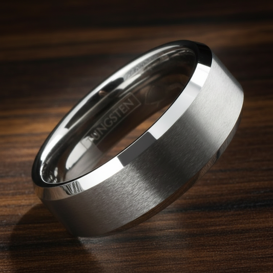 Argent Line Tungsten Ring – Brushed Silver with Polished Beveled Edges