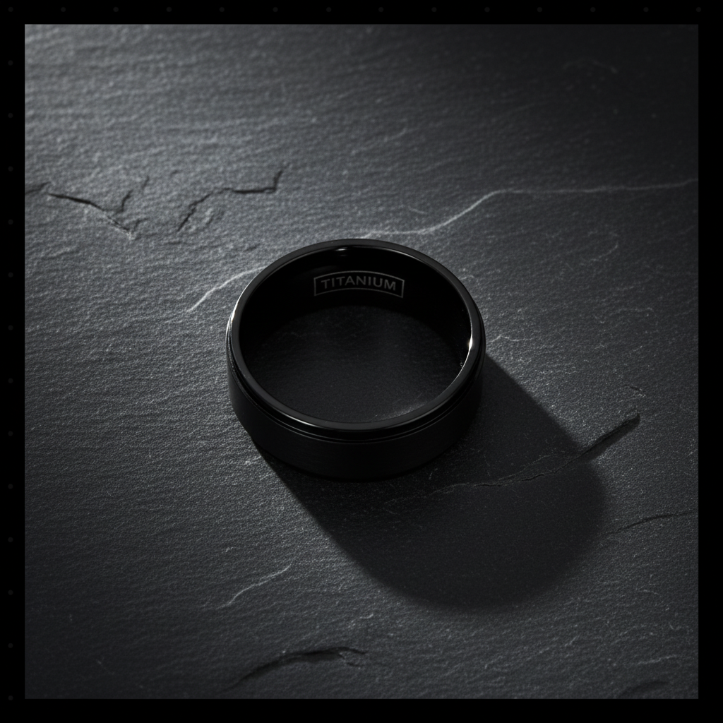 Onyx Line Titanium Ring – Brushed Black Band with Stepped Edges