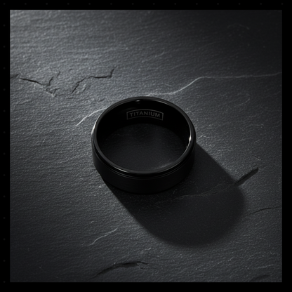 Onyx Line Titanium Ring – Brushed Black Band with Stepped Edges