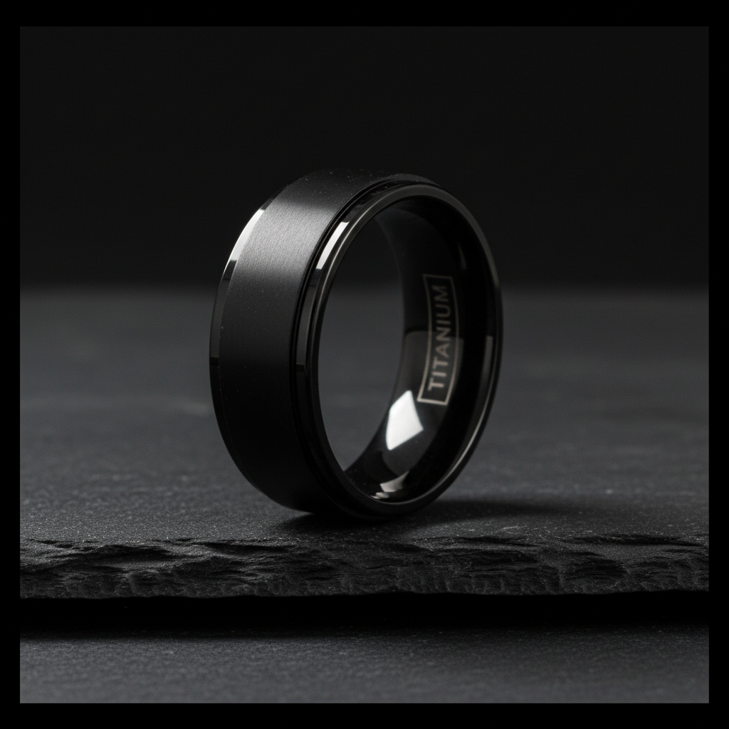 Onyx Line Titanium Ring – Brushed Black Band with Stepped Edges