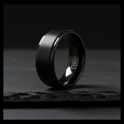Onyx Line Titanium Ring – Brushed Black Band with Stepped Edges