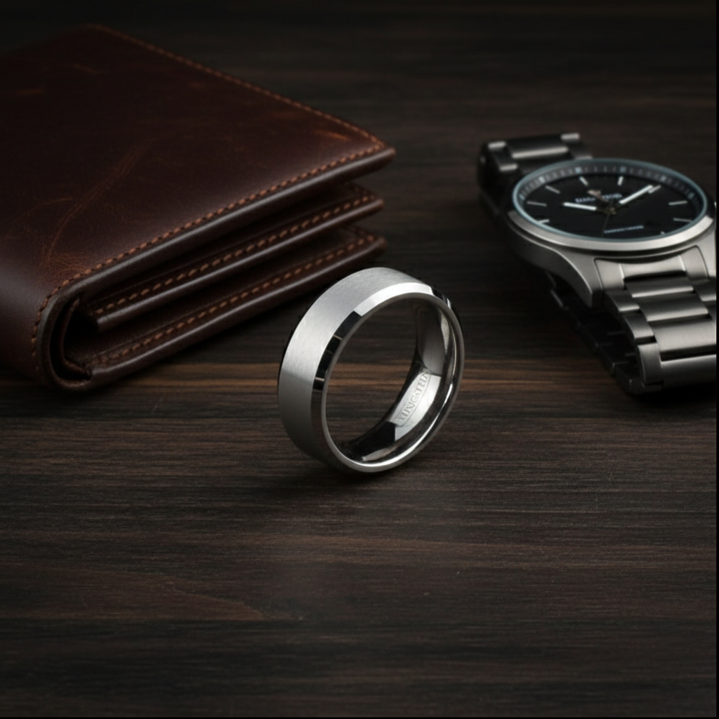 Argent Line Tungsten Ring – Brushed Silver with Polished Beveled Edges