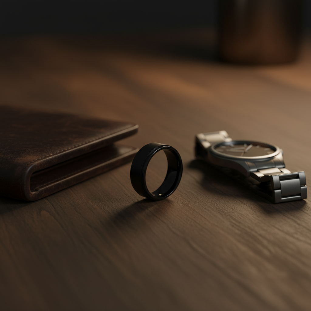 Onyx Line Titanium Ring – Brushed Black Band with Stepped Edges