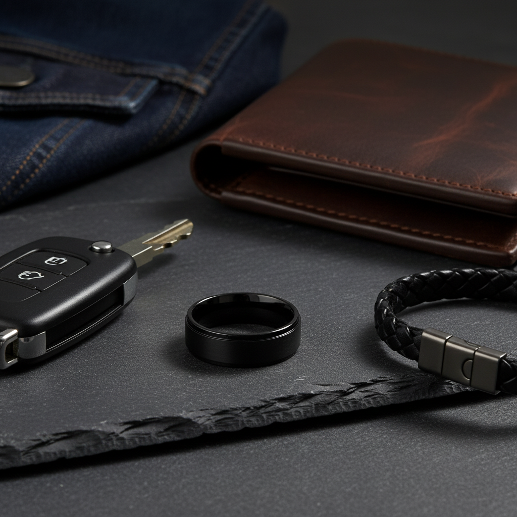 Onyx Line Titanium Ring – Brushed Black Band with Stepped Edges