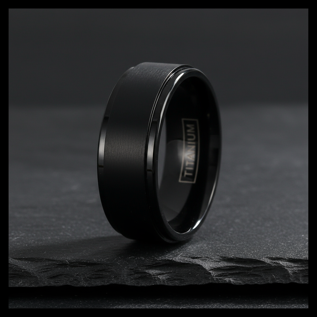 Onyx Line Titanium Ring – Brushed Black Band with Stepped Edges