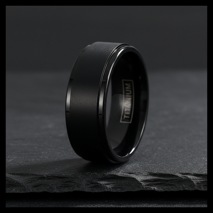 Onyx Line Titanium Ring – Brushed Black Band with Stepped Edges