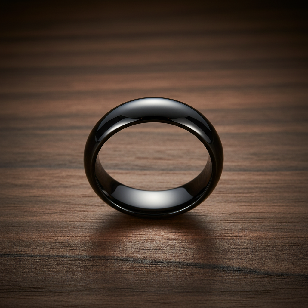 Obsidian Line Titanium Ring – Polished Black Domed Band