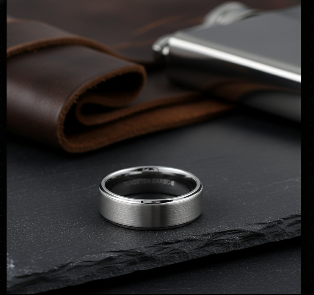 Argent Line Tungsten Ring – Brushed Satin Finish with Stepped Edges