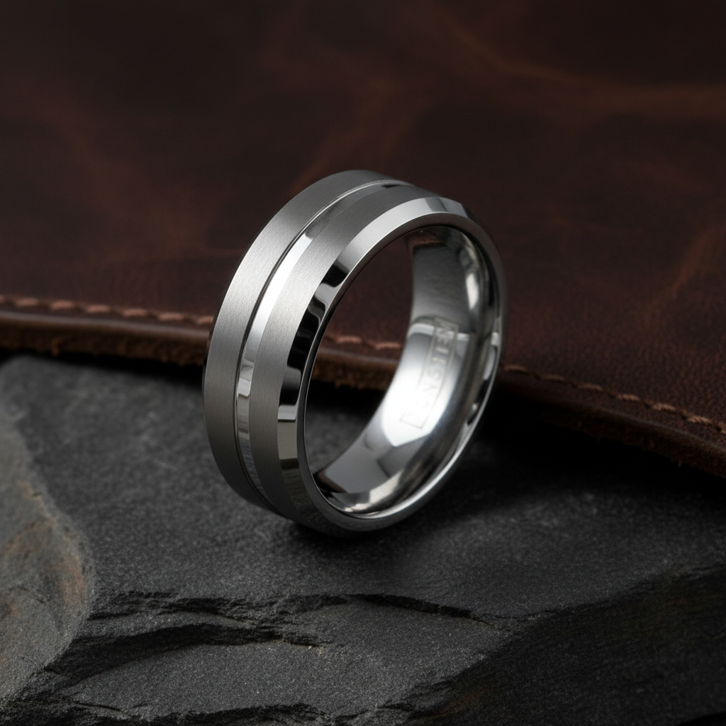 Argent Line Tungsten Ring – Brushed Satin Band with Polished Recessed Stripe