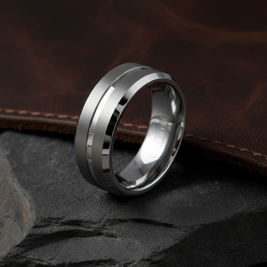Argent Line Tungsten Ring – Brushed Satin Band with Polished Recessed Stripe