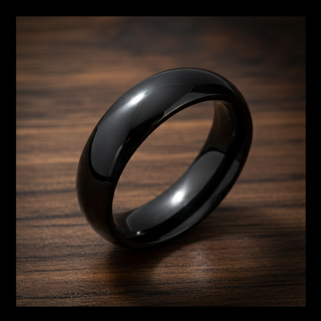 Obsidian Line Titanium Ring – Polished Black Domed Band