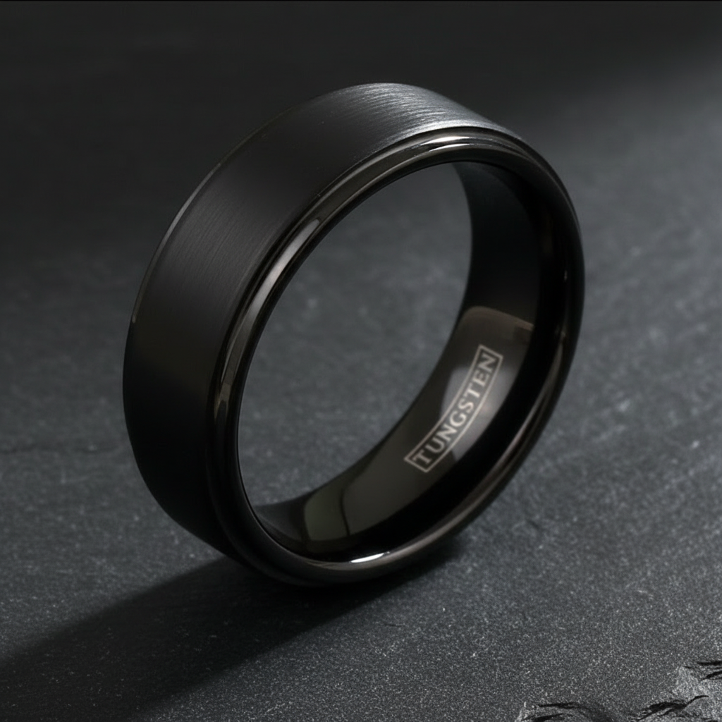 Obsidian Line Tungsten Ring – Brushed Black Band with Stepped Edges