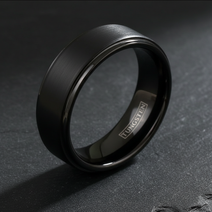 Obsidian Line Tungsten Ring – Brushed Black Band with Stepped Edges