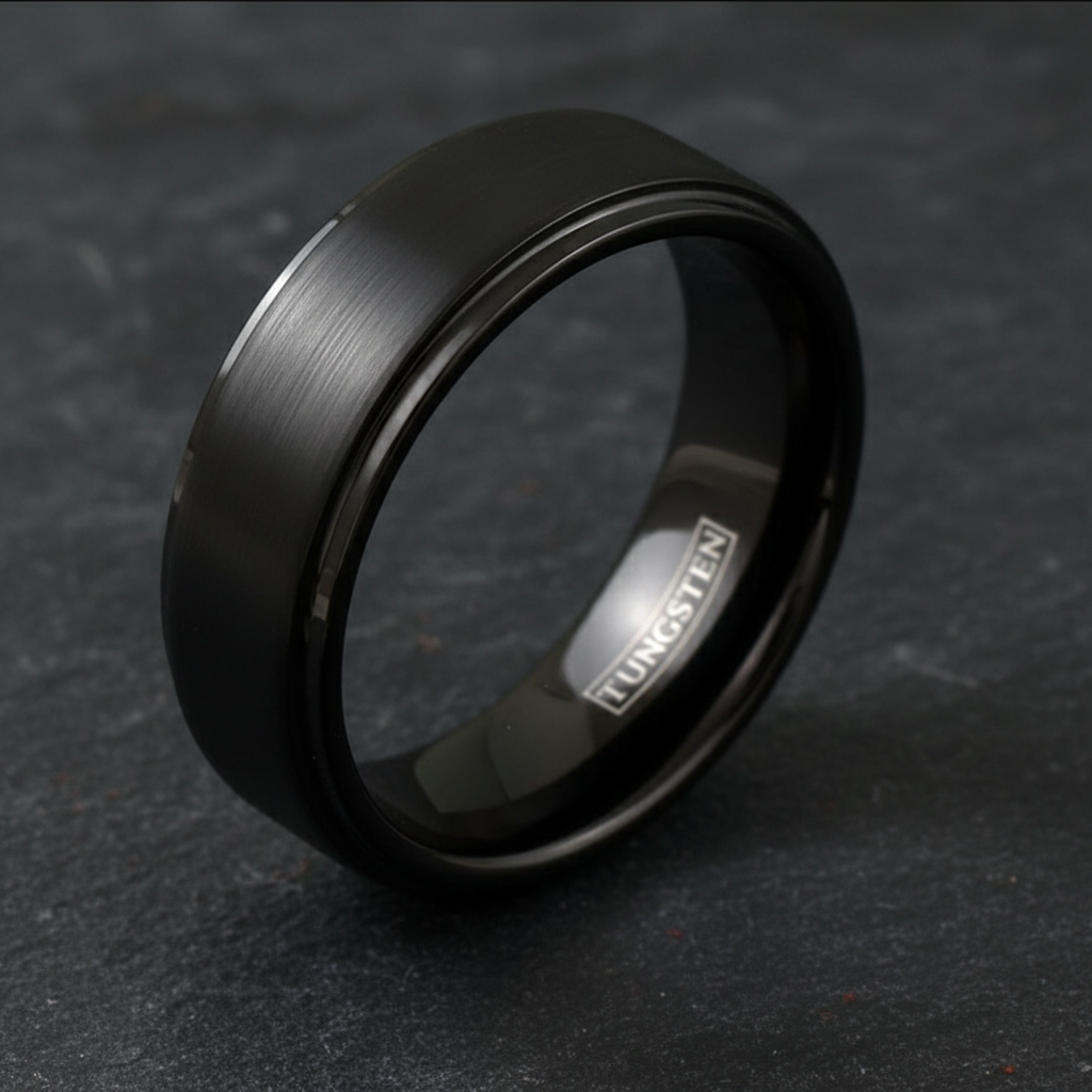 Obsidian Line Tungsten Ring – Brushed Black Band with Stepped Edges