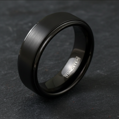 Obsidian Line Tungsten Ring – Brushed Black Band with Stepped Edges