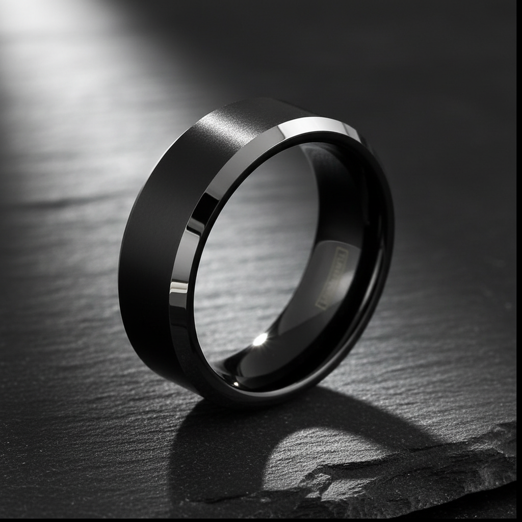 Eclipse Line Tungsten Ring – Brushed Black Center with Polished Silver Edges