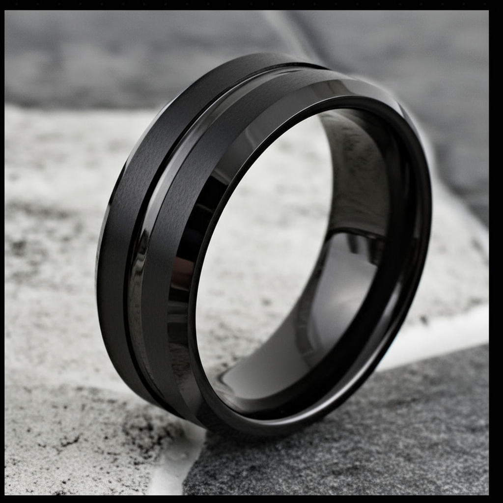 Onyx Line Tungsten Ring – Brushed Black Band with Polished Channel