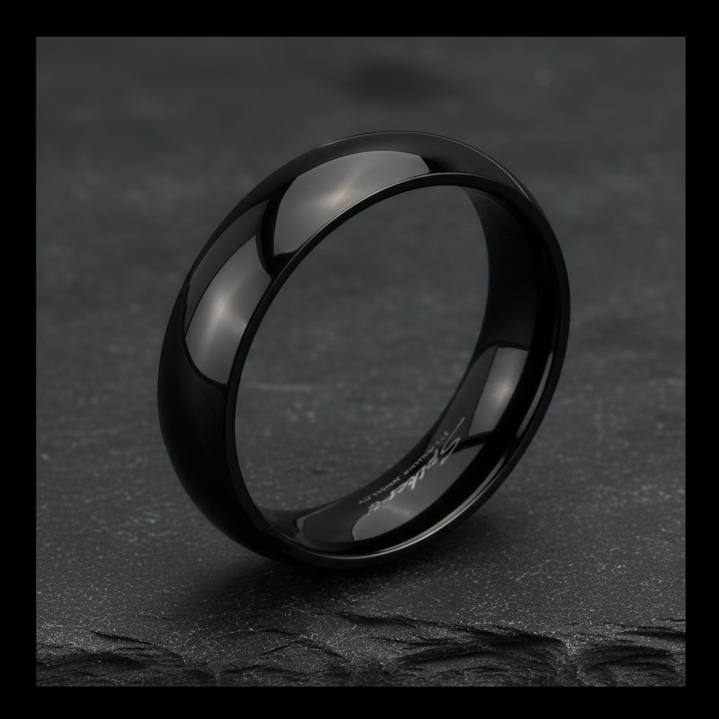 Obsidian Line Titanium Ring – Polished Black Domed Band