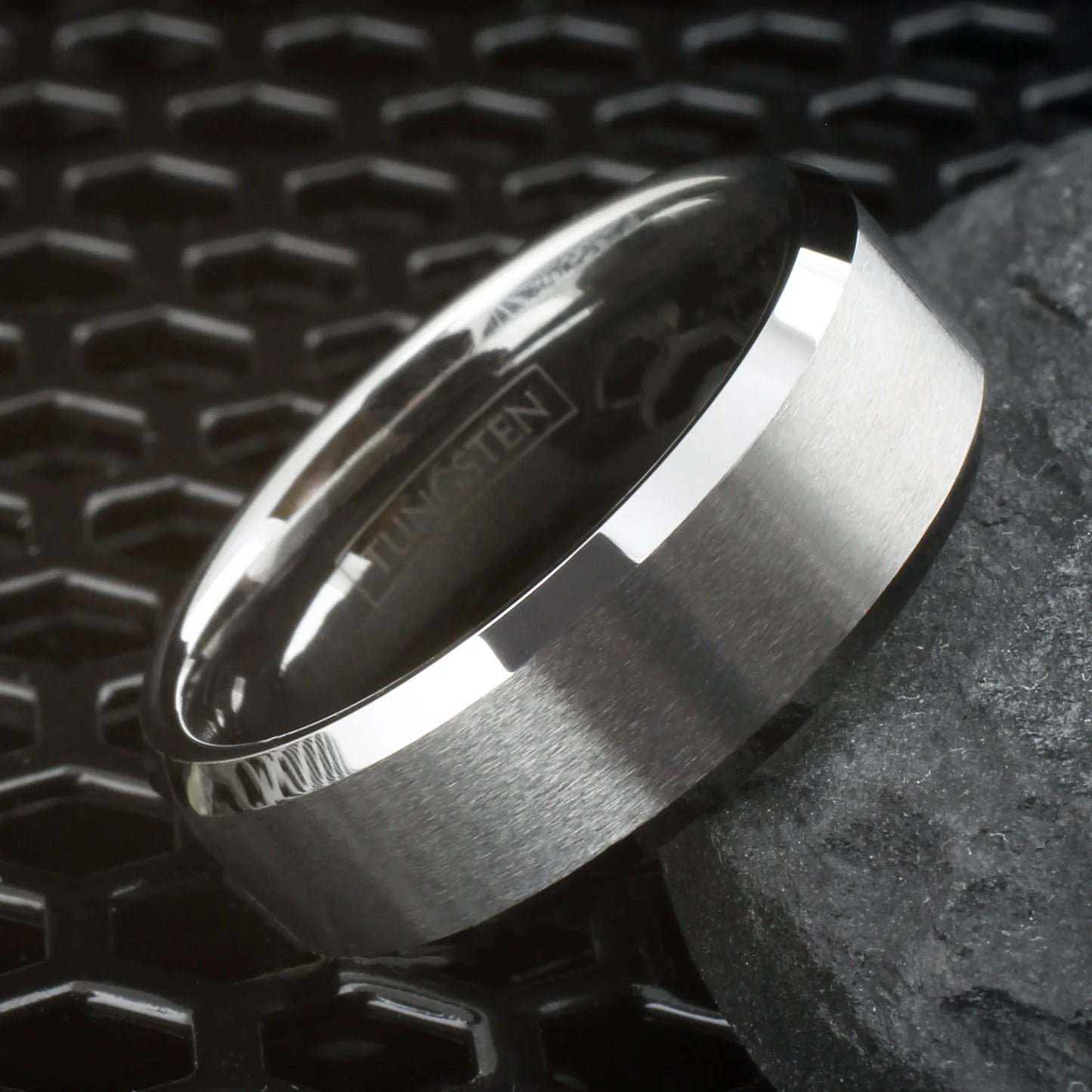 Argent Line Tungsten Ring – Brushed Silver with Polished Beveled Edges