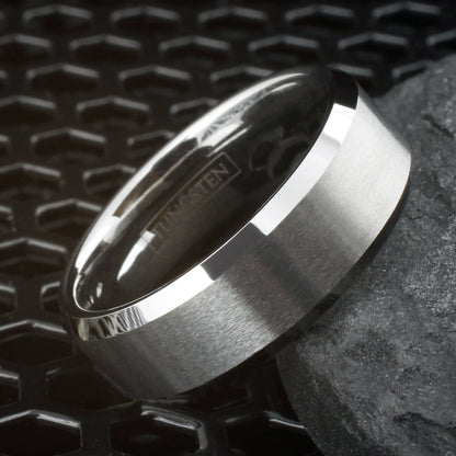 Argent Line Tungsten Ring – Brushed Silver with Polished Beveled Edges
