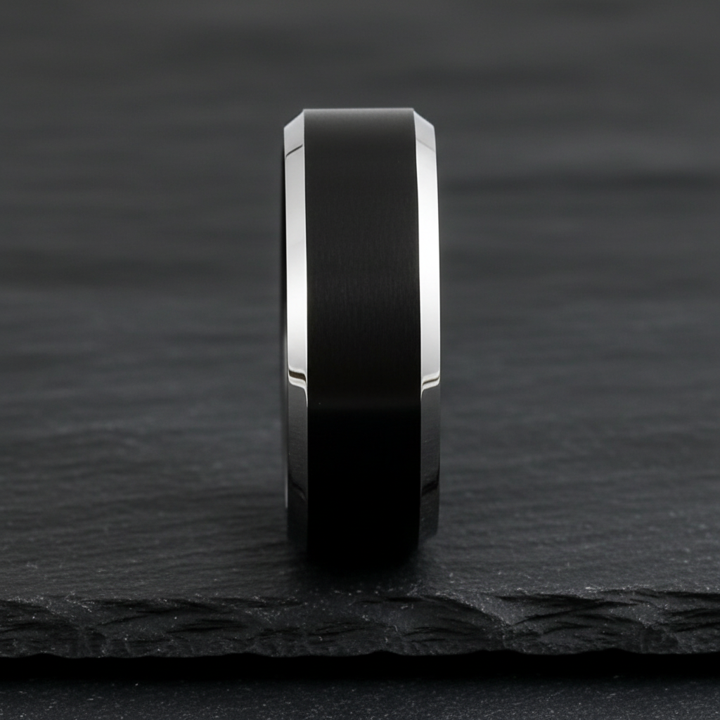 Eclipse Line Tungsten Ring – Brushed Black Center with Polished Silver Edges