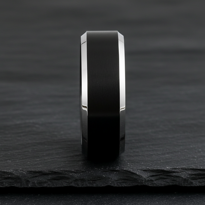 Eclipse Line Tungsten Ring – Brushed Black Center with Polished Silver Edges
